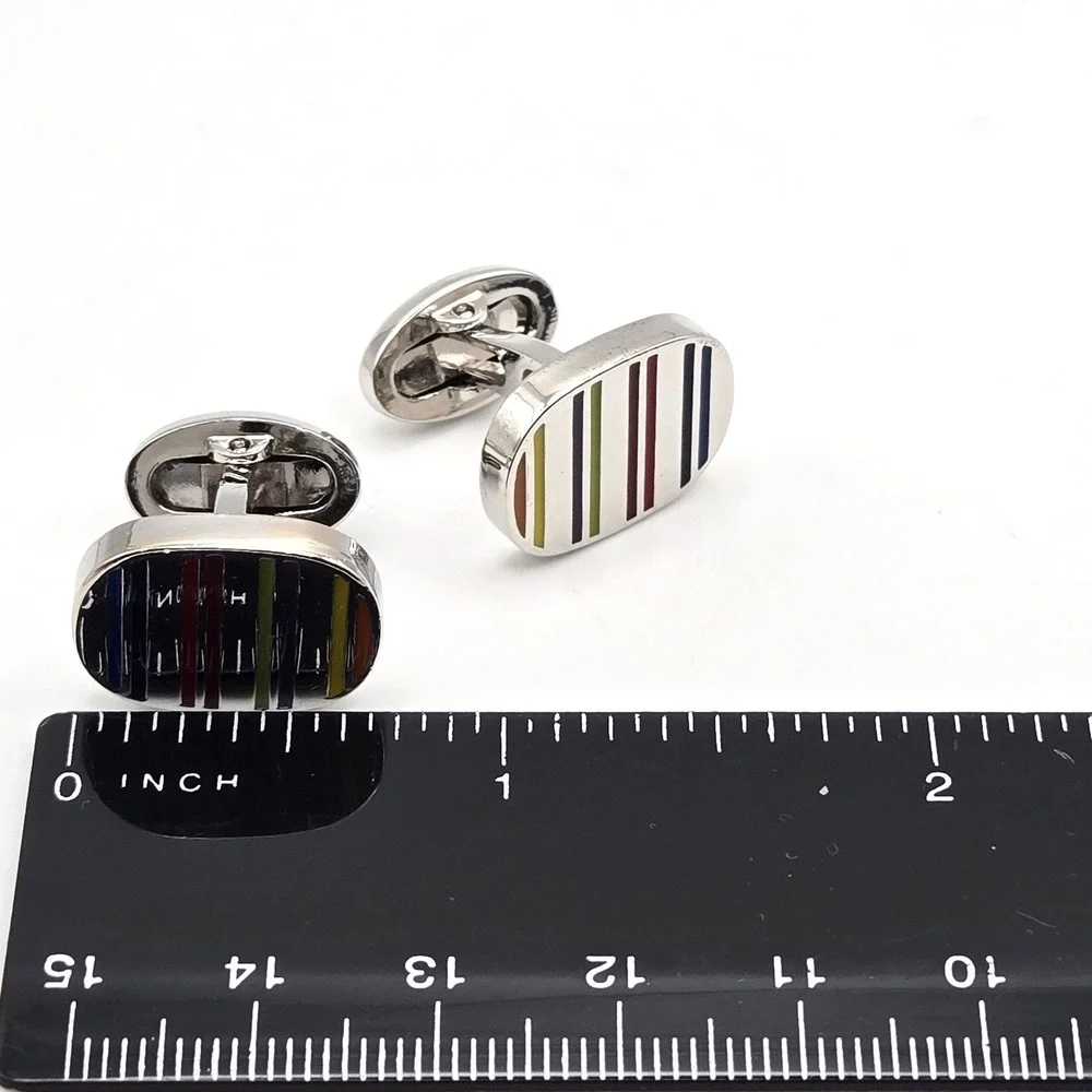 Mens Silver Tone Multi Color‎ Enamel Striped Oval Whale Back Modern Cufflinks